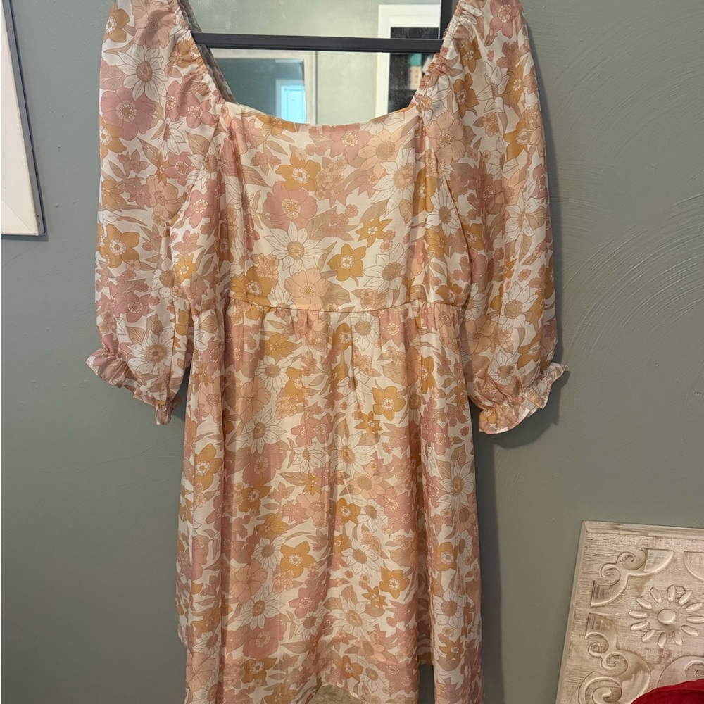 Floral Puff Sleeve Smock Dress in Blush & Mustard